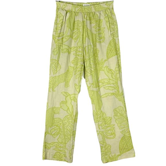Nwot LAS SURENAS Pants S Linen Cotton Lime Green Leaf Straight Slit Pcks Cheetah - Picture 2 of 15